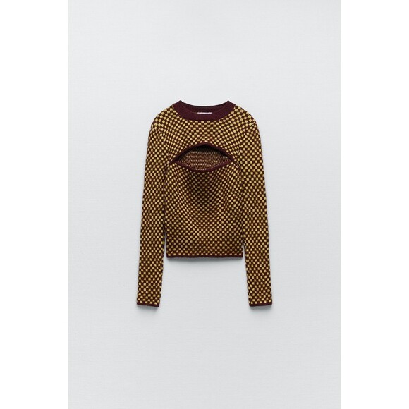 Zara Checkered Cut-Out Jacquard Long Sleeve Pullover Sweater (NWT) - Picture 5 of 8